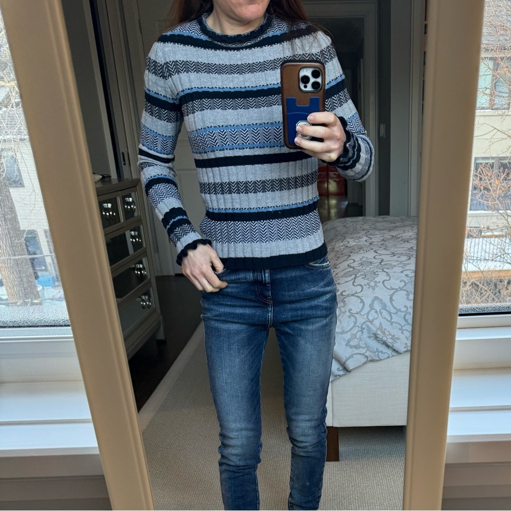 Autumn Cashmere grey, black and baby blue striped mock turtleneck in XS